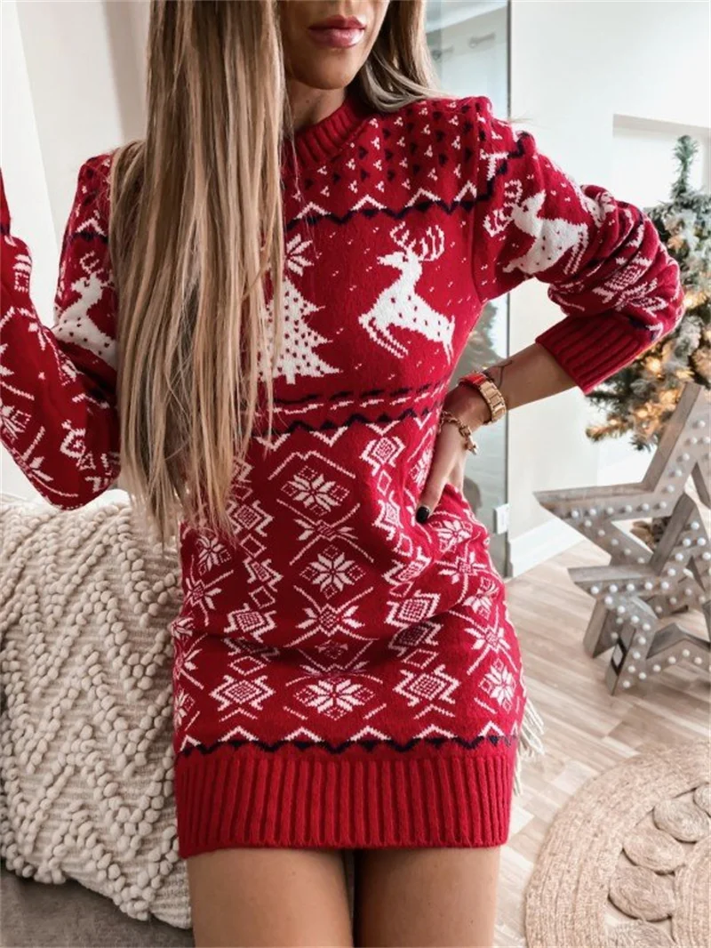 Women Christmas Jacquard Knitted Dress Loose Fit Long Sleeve O-neck Sweater Dress for Autumn Winter