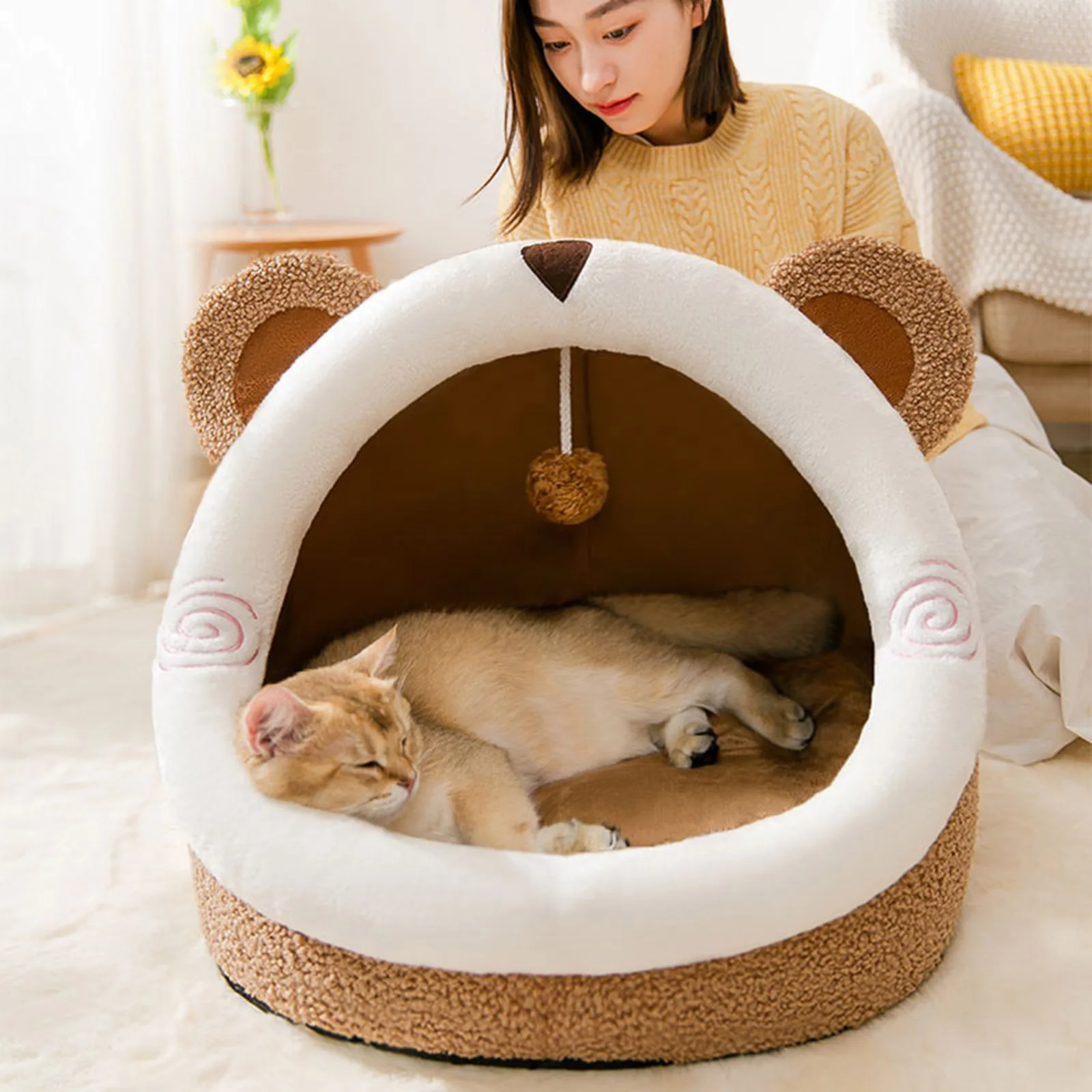Warm Indoor Cozy Bed Pet Cat Dog Bed House Cave Pets Puppy Kitten Nest Sleeping Bed with Hair Ball Toys for Cat Dog Playing