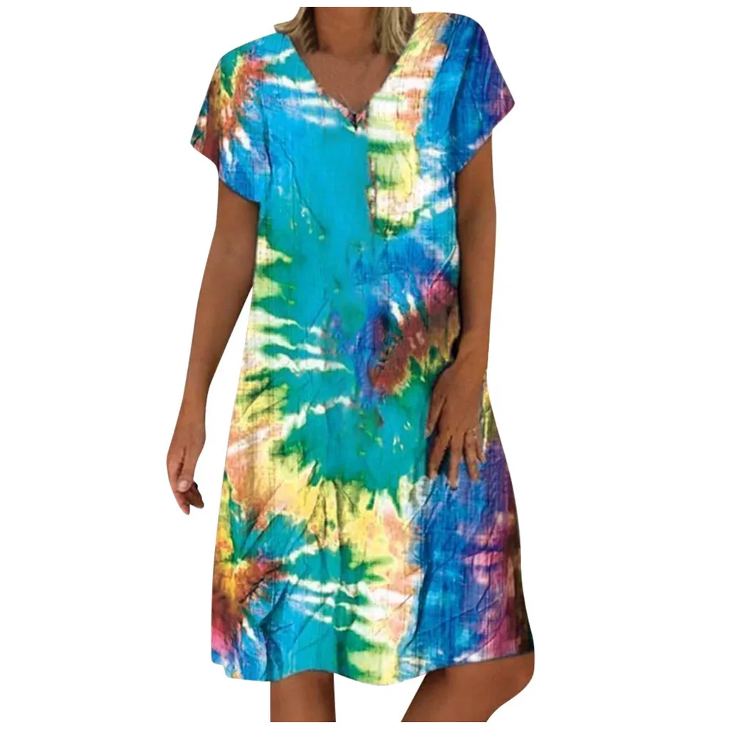 4# Women Plus Size Dress Boho Dress Colorful Print Short Sleeves Boho ...