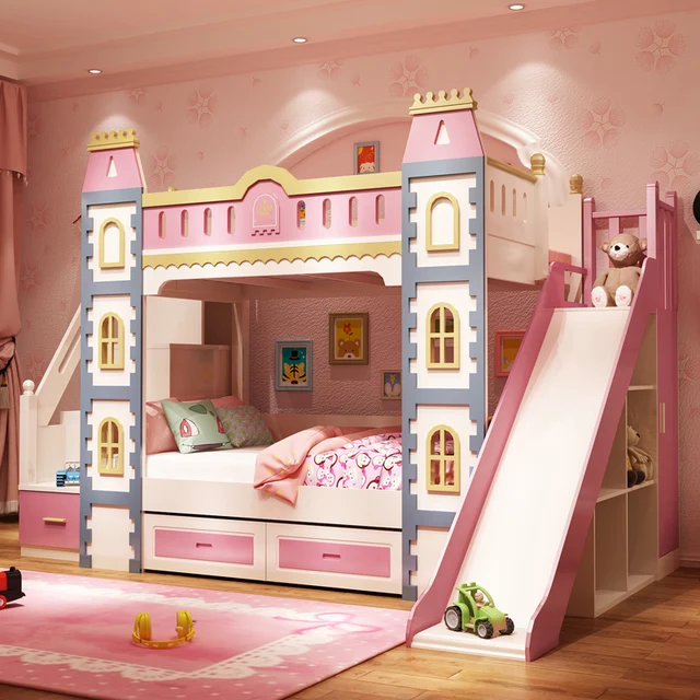 Cama de princesa con tobogán para niños, muebles encantadores para niñas,  cama de Castillo Rosa individual - AliExpress