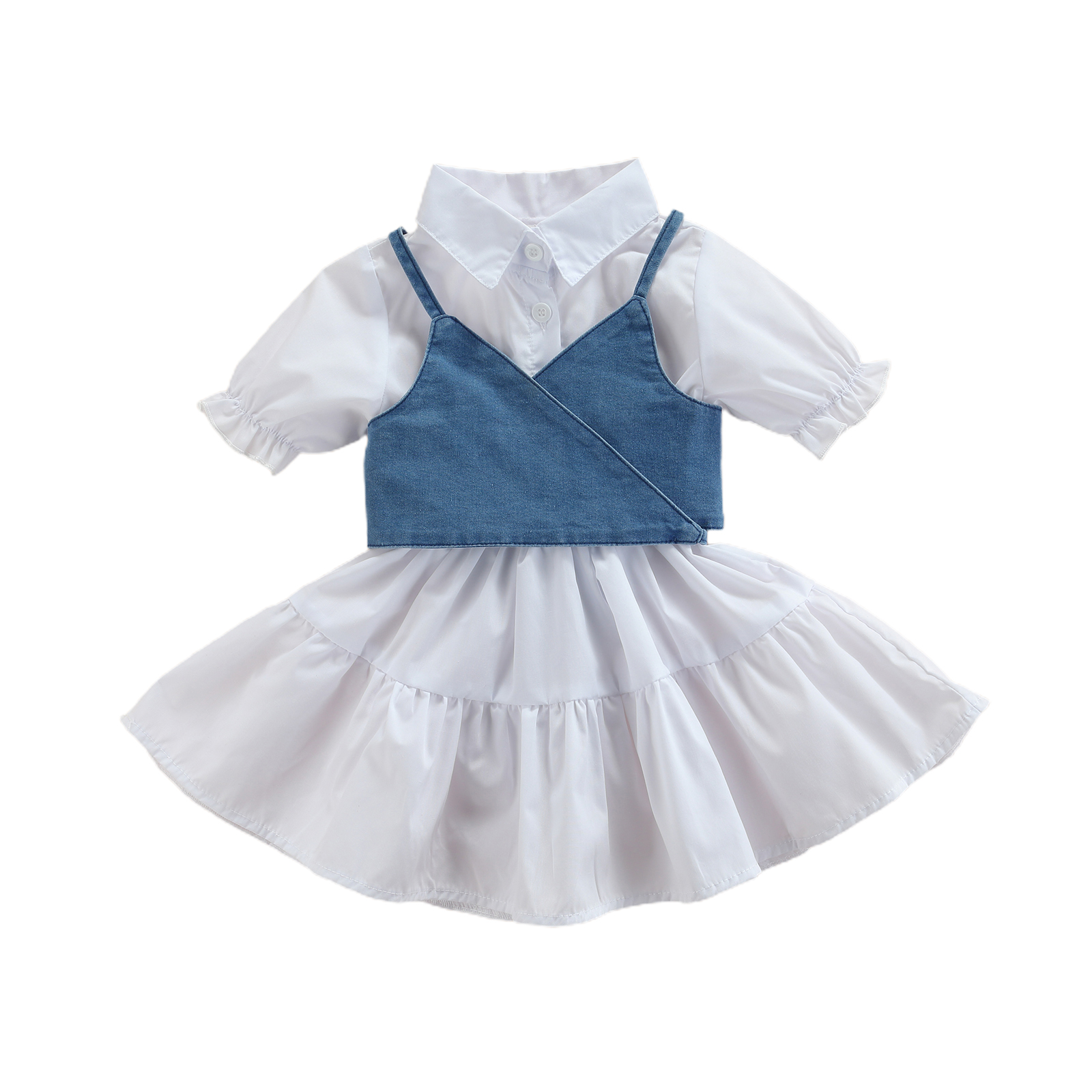 FOCUSNORM 1-6Y Sommer Mode Kinder Mädchen Kleid + Denim Weste 2 stücke Solide Rüschen Puff Sleeve Drehen Unten Kragen A-linie Kleid – Detail 2