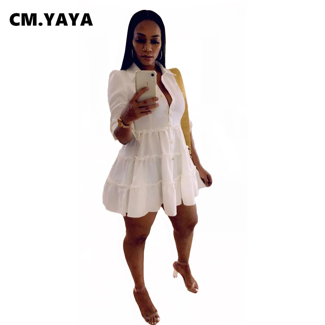 CM.YAYA Women Mini Dress Solid Half Sleeve Turn-down Collar Single Breasted Loose Dresses Office Lady Fashion Streetwear Summer maternity dresses