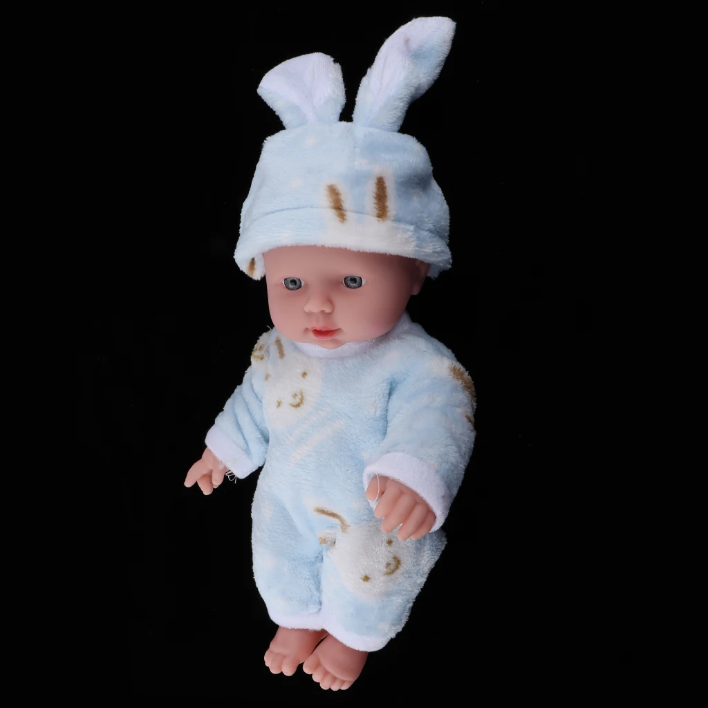 30cm Realistic Reborn Doll Baby Vinyl Newborn with Pink Rabbit Clothing Preemie Blue
