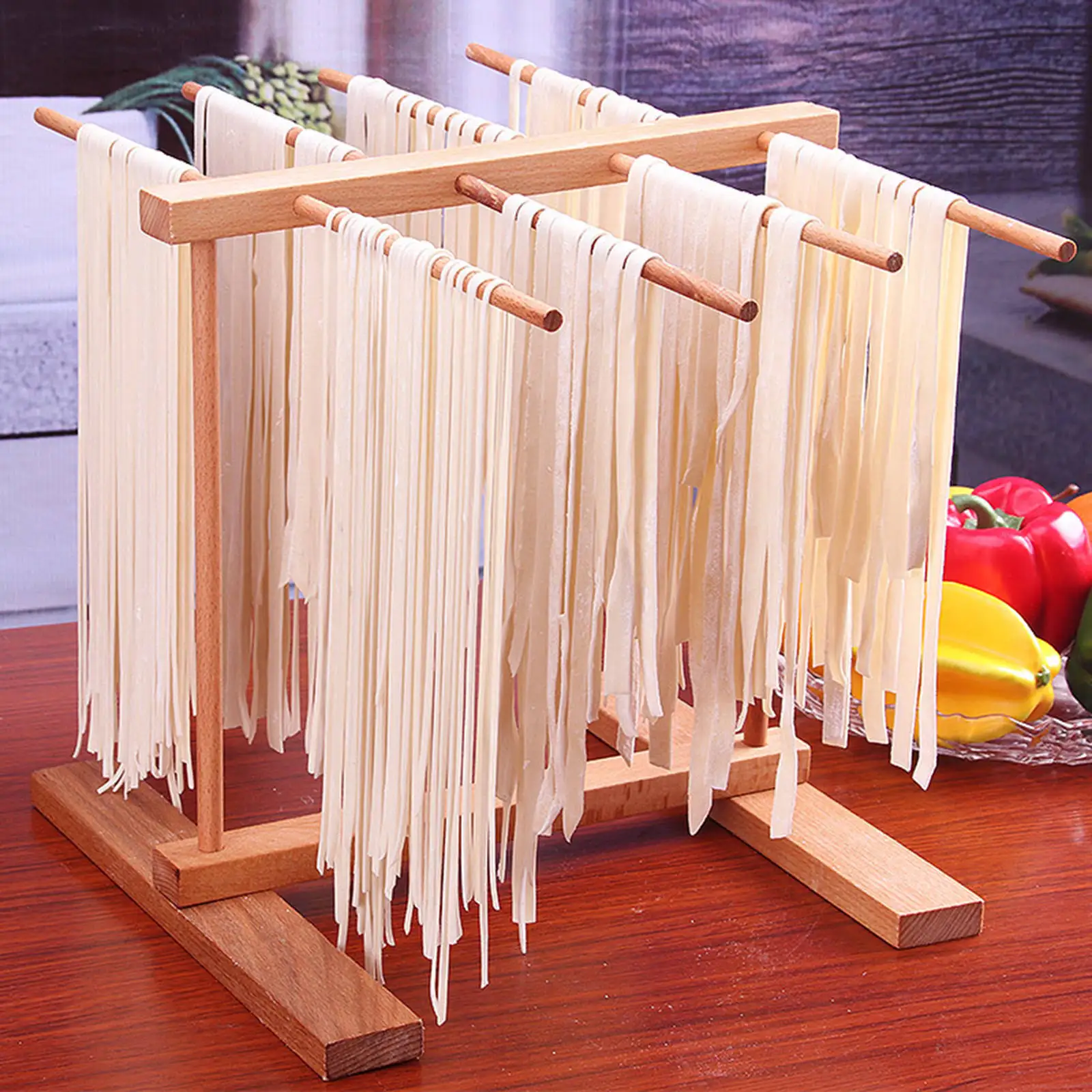 Drying Rack 8 Rows Natural Matrial Beechwood Stand Cooking Tools Pasta Maker Hanger Rack Dryer for Spaghetti Noodles Kitchen