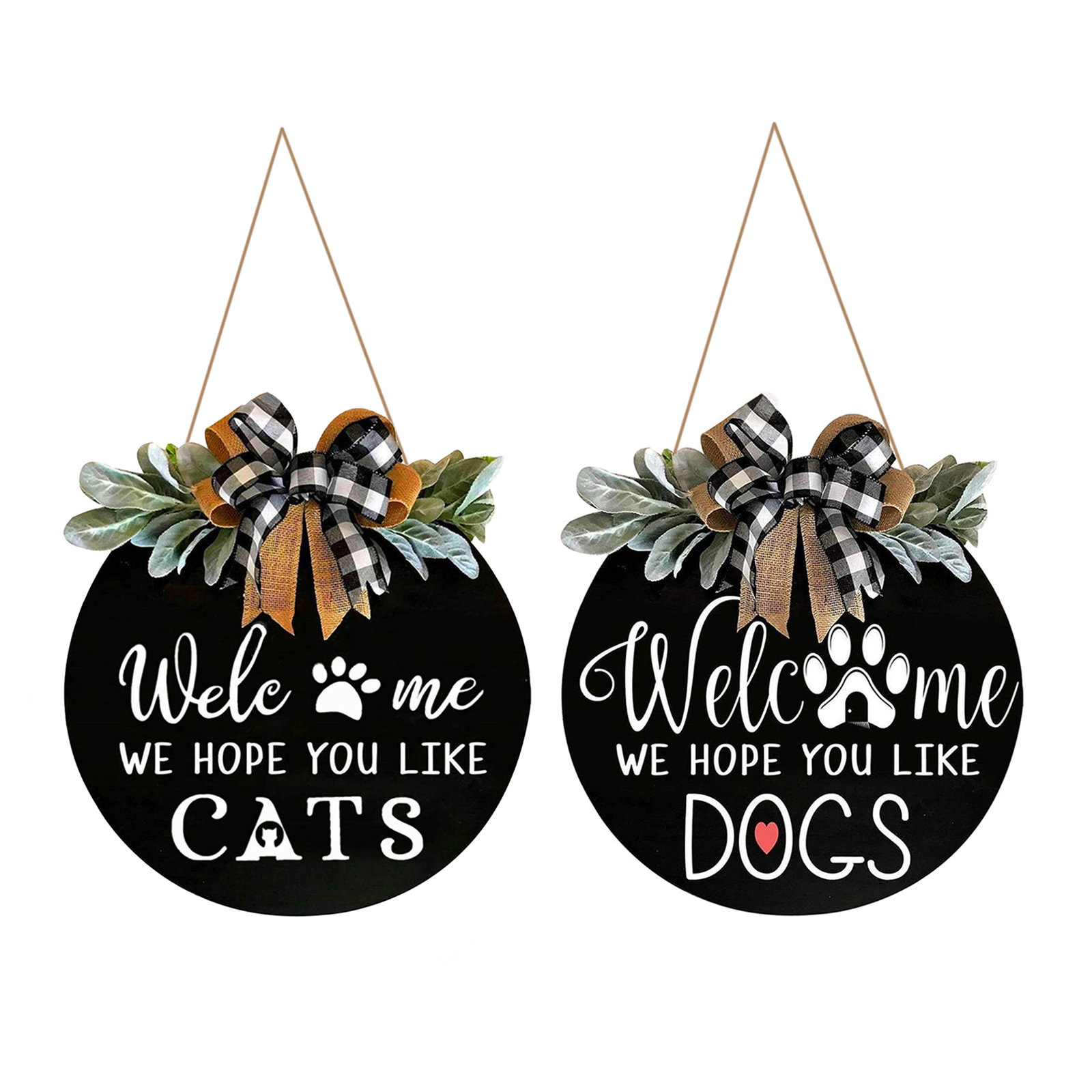 Welcome Sign for Front Door,16In Front Door Decors -We Hope You Like Dogs/Cats Wooden Porch Decor for Farmhouse w/ Green Leaves
