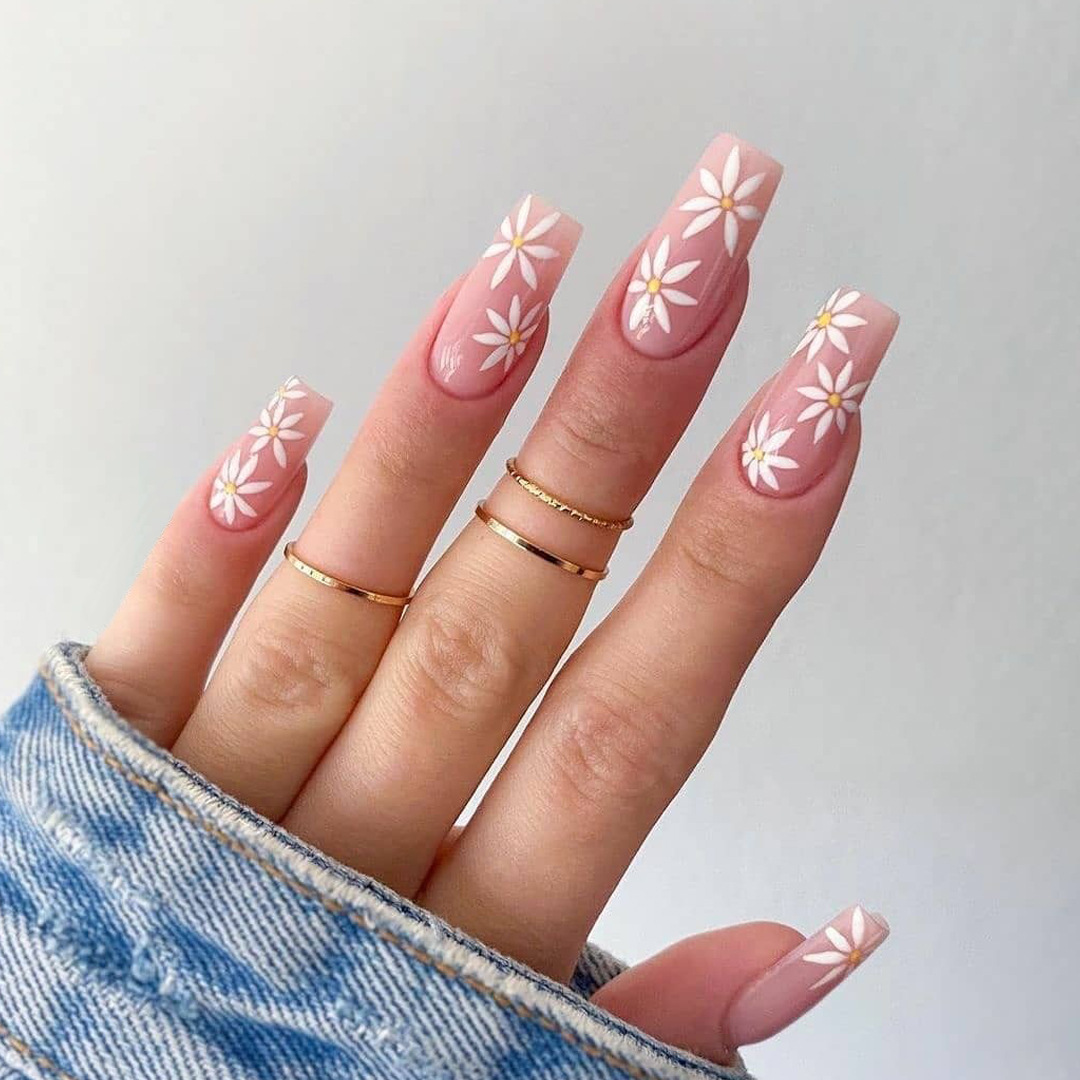 Uñas postizas con forma de flor solar, uñas postizas de cabeza cuadrada  larga y dulce, cobertura completa, usable, acabado con pegamento, 24  piezas, 2021|Uñas postizas| - AliExpress