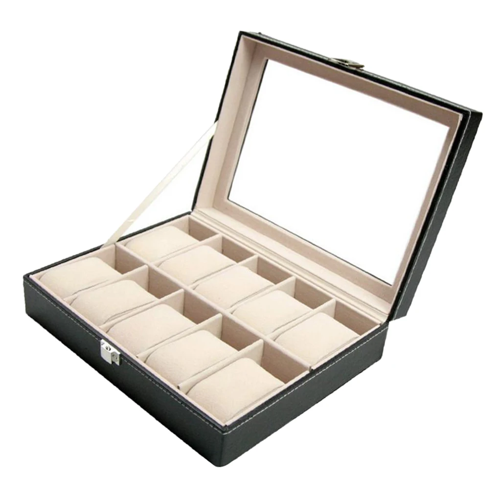 10 Slot Wooden Watch Box Showcase Glass Top Jewelry Storage Organizer Holder