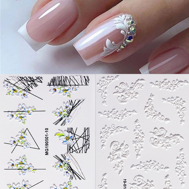 1Sheet White Embossed Flower Lace 5D Sticker Decal Wedding Nail Art Designs  Floral Flower Transfer Decal Japanese Geometry - AliExpress