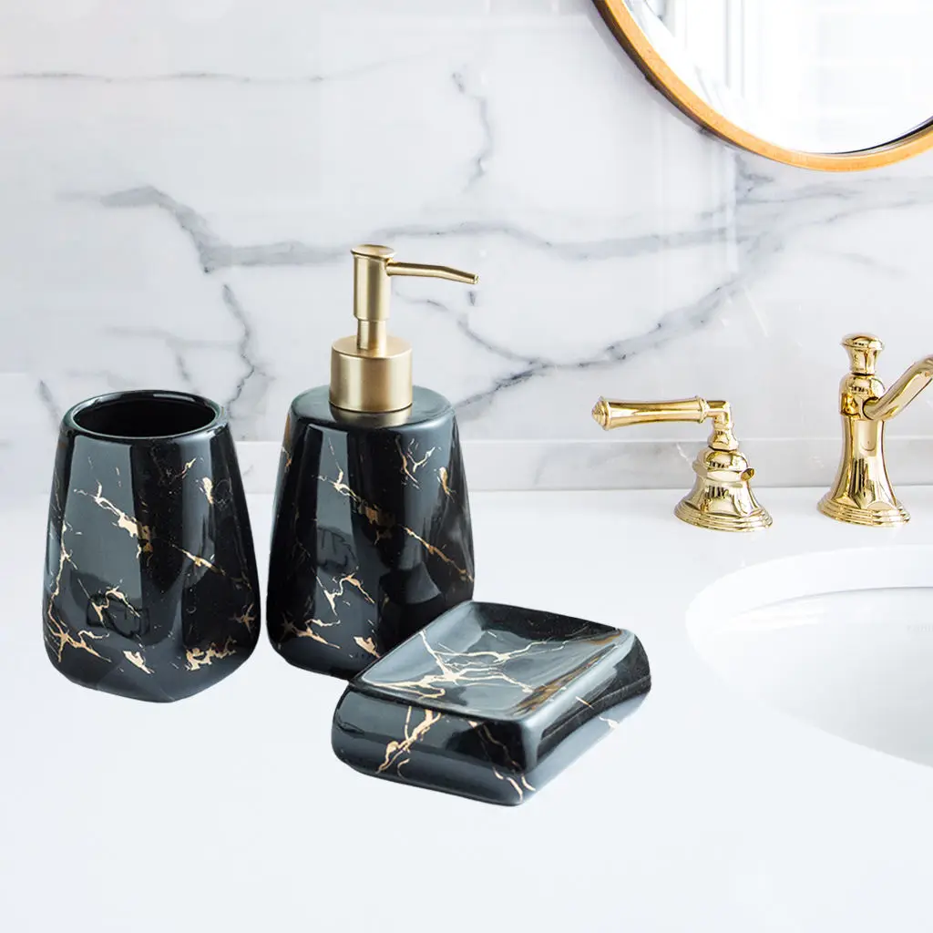 Bath Bathroom Counter Accessories Kit CERAMIC Marble Pattern Lotion Dispenser Soap Dish, Durable Construction