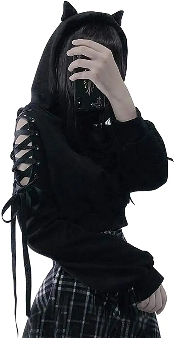 harajuku japanese black cat hoodie with ears
