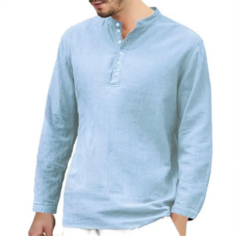 Men's Vikings Nordic Style Long-Sleeved Solid Color Cotton Linen Stand-Up Collar Shirts