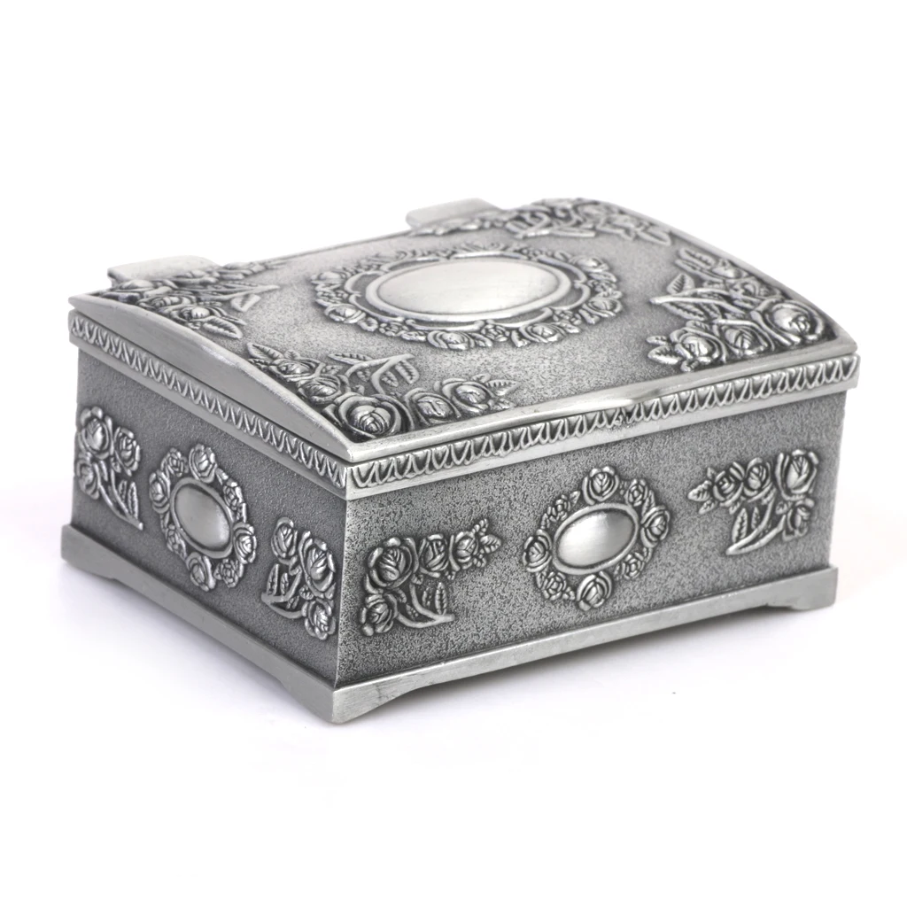 Stylish Fashion Treasure Chests Shape Tin Jewelry Ring Box Gift Case Antique Silver
