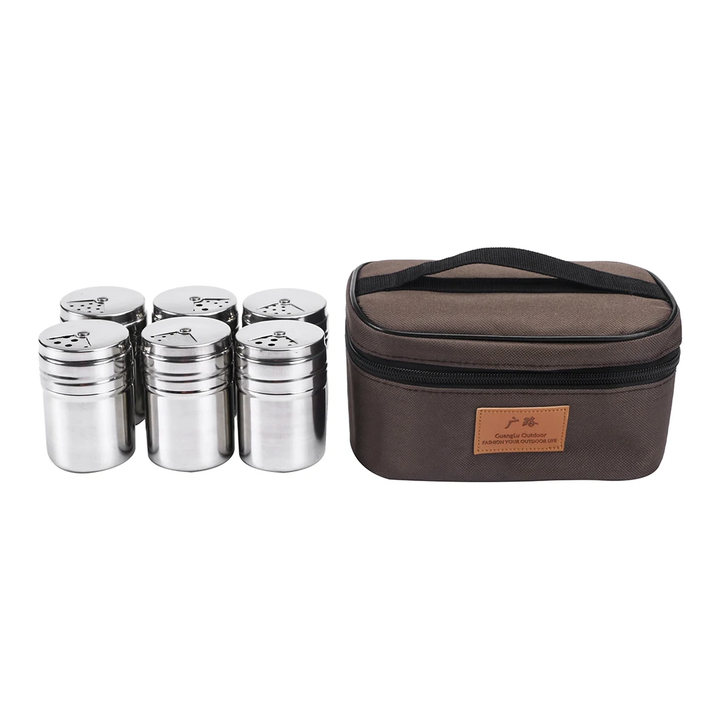 6 Pack Stainless Steel BBQ Grilling Spice Jar Condiment Pepper Salt Bottle With Storage Bag