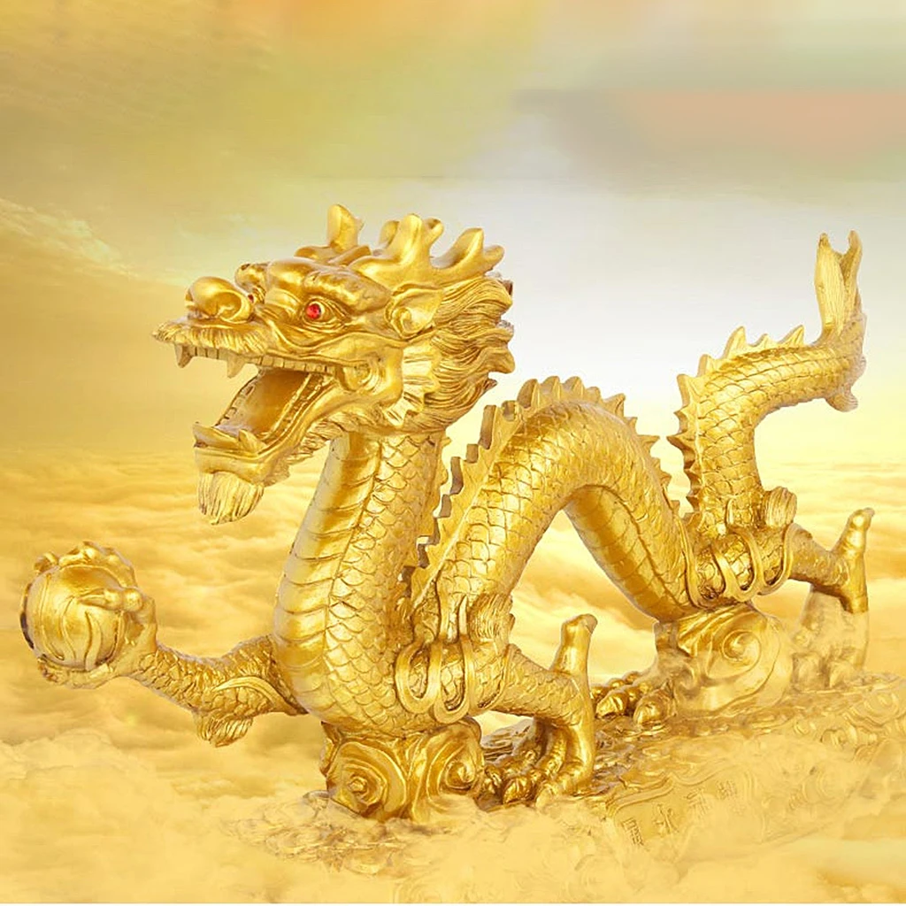 Chinese Dragon Figurine Golden Statue Home Office for Wealth Luck Collection