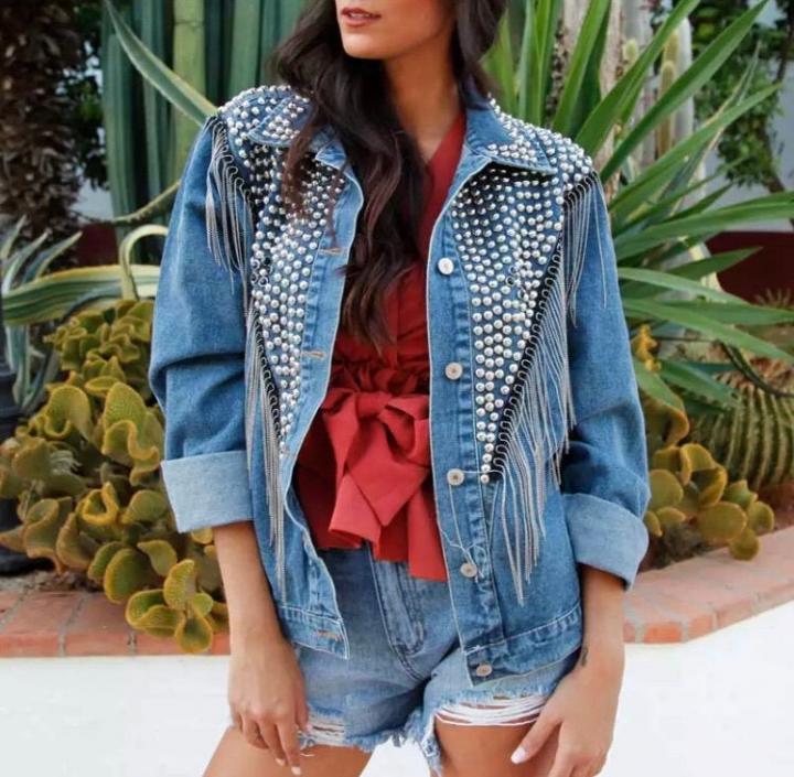 TEELYNN Boho-Jeansjacke für Damen, langärmelig, Herbst, lockere Jeansjacke mit Fransen, Perlen und Nieten, lässige Oberbekleidung – Detail 12