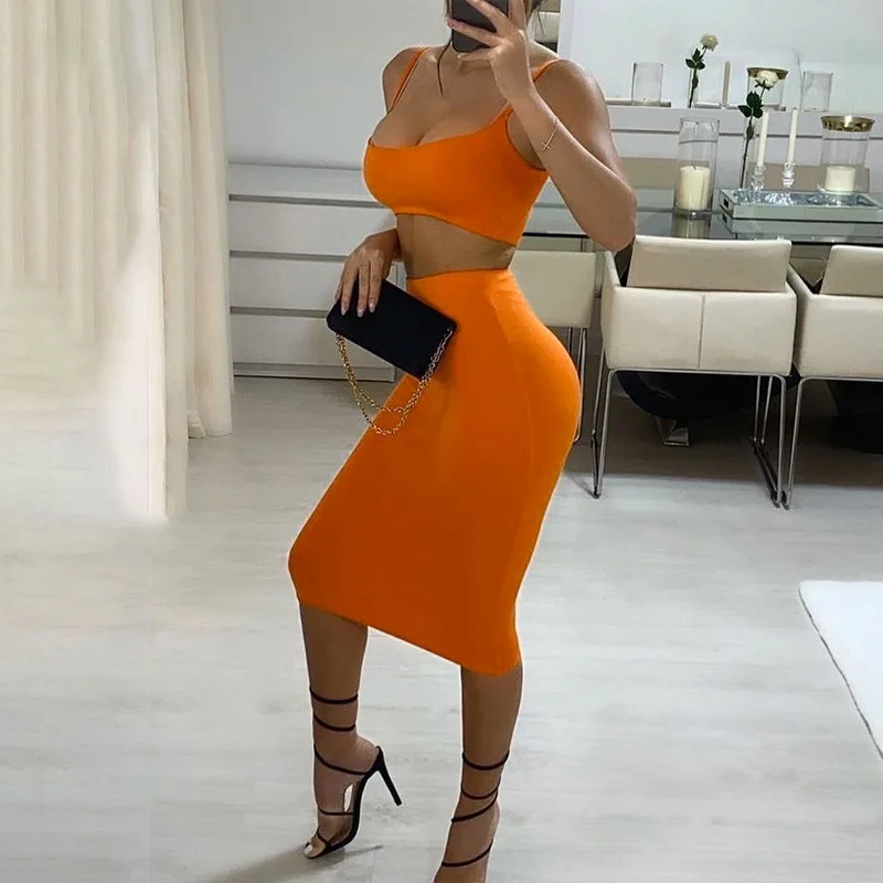 plus size pants suits evening wear Women Sexy Two-piece Clothes Set Solid Color Sleeveless Crop Tops and Long Skirtnge blazer and trouser set
