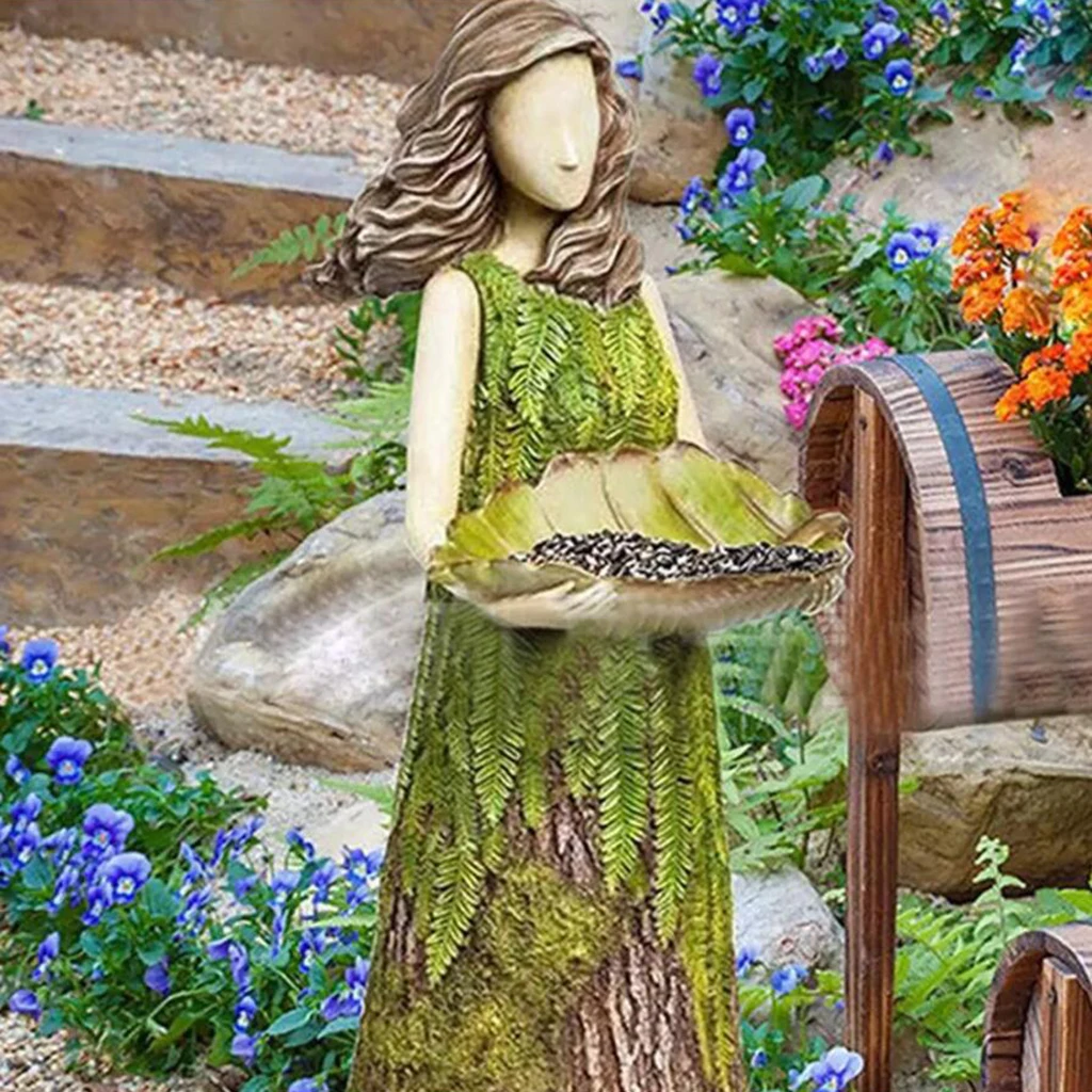 Resin Garden Statue Bird Feeder Ornament Figurine Sculpture Desktop Lawn Decor
