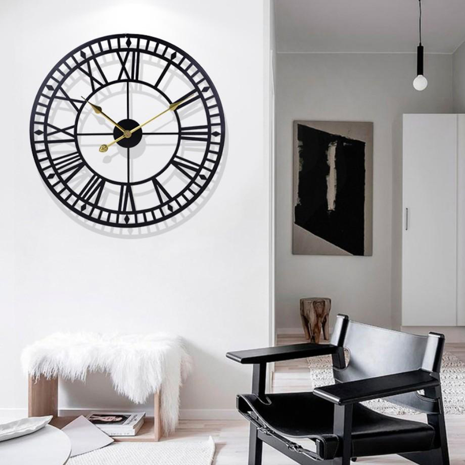 Wall Clock, Industrial Vintage Clock with Roman Numerals, Indoor Silent Battery Operated Metal Decorative Living Room Clock