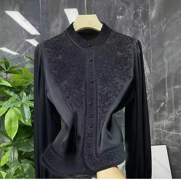 Elegant Blouses Womens Clothes Tops Vintage Blusas De Mujer Stand Collar Embroidery Blouse Korean Fashion Long Sleeve Shirt