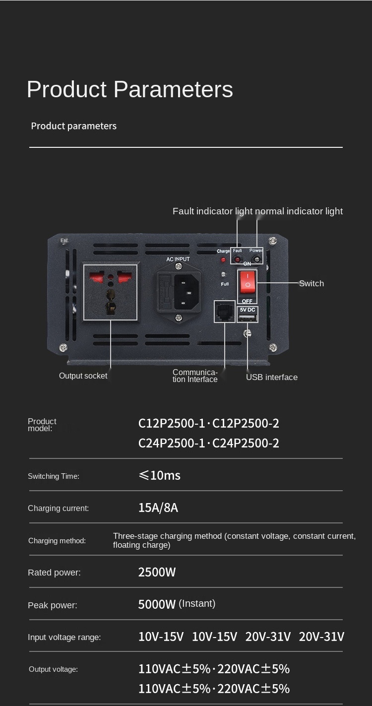 Inversor de Carregamento Ups de 2500w com Alimentação de Comutação 24v a Conversor de Potência Ininterrupta de 220v Completo 12v Inversores solares