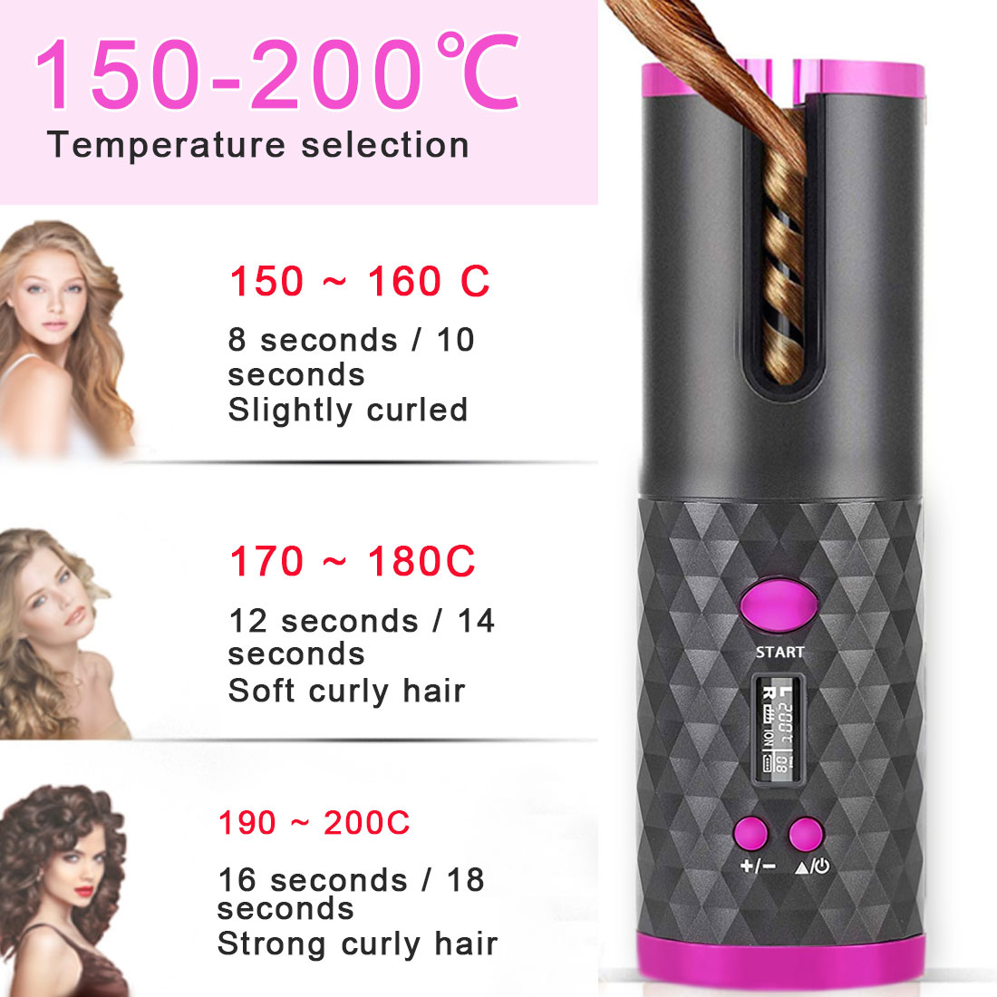 Automático sem Fio Modelador de Cabelo Lcd com 1 Pente + 2pc Cabelo Curling Ferro Portátil Recarregável Onda Styer Display Clipes Usb 3 Beleza e saúde