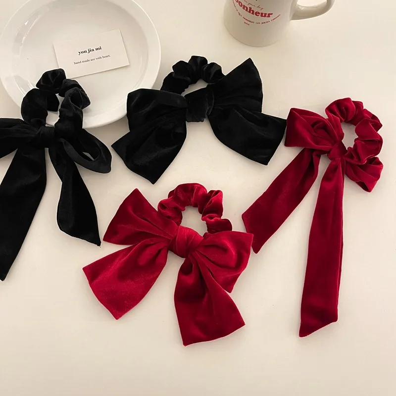 Women's Hair Accessories Retro French Velvet Bowknot Hair Scrunchies Streamer Bows Long Elastic Hair Bands Women Pontail Holder Elegant Ties Headwear bow hair clip