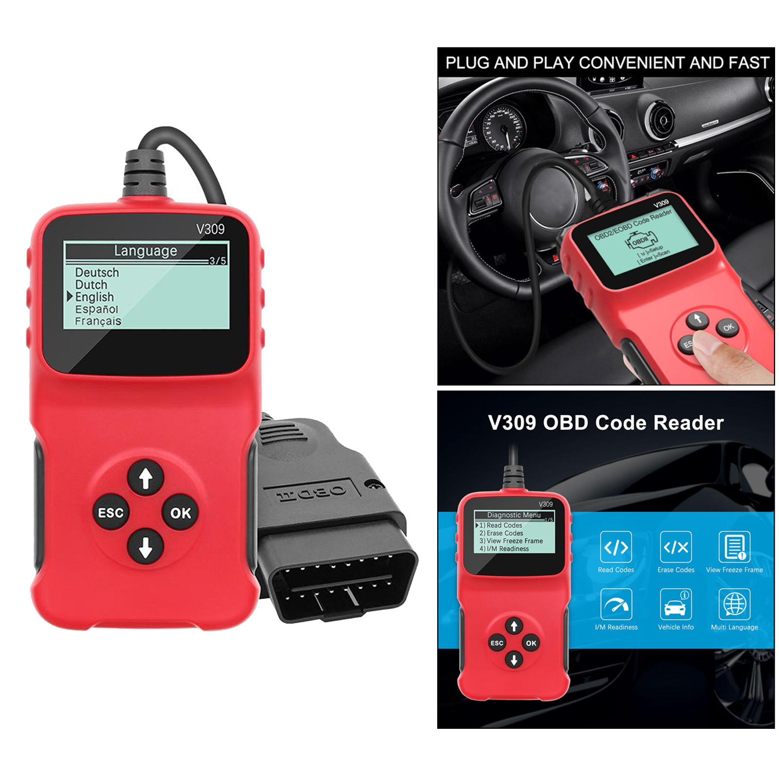  V309 OBD 2 OBDII Car Auto Diagnostic Tool Interface Scanner OBD Code Reader Car Check Engine Fault Diagnostic Tool