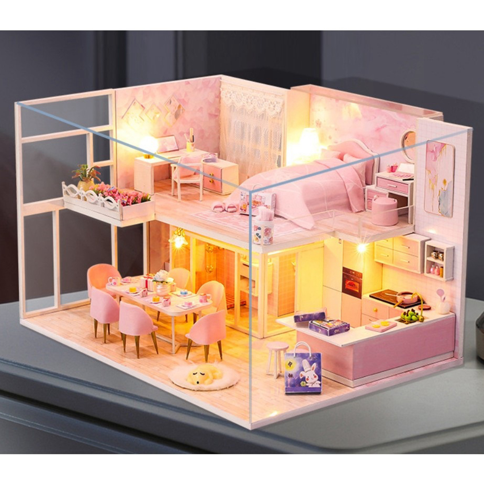 DIY Dollhouse With Furniture Mini Wooden Pink House Bedroom Dustproof Cover