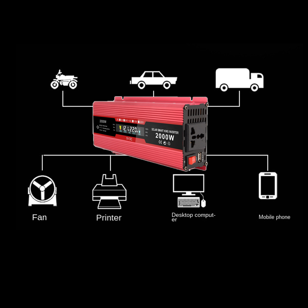 1200W 2000W Power Inverter Pure Sine Wave DC 12 V to 220 V AC LCD for Car RV