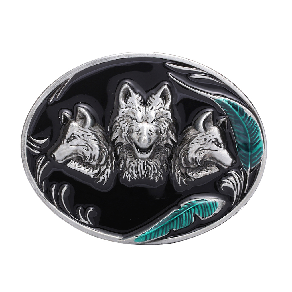 Men's Western Cowboy Belt Buckle in Antique Silver 3D Wolf Texas