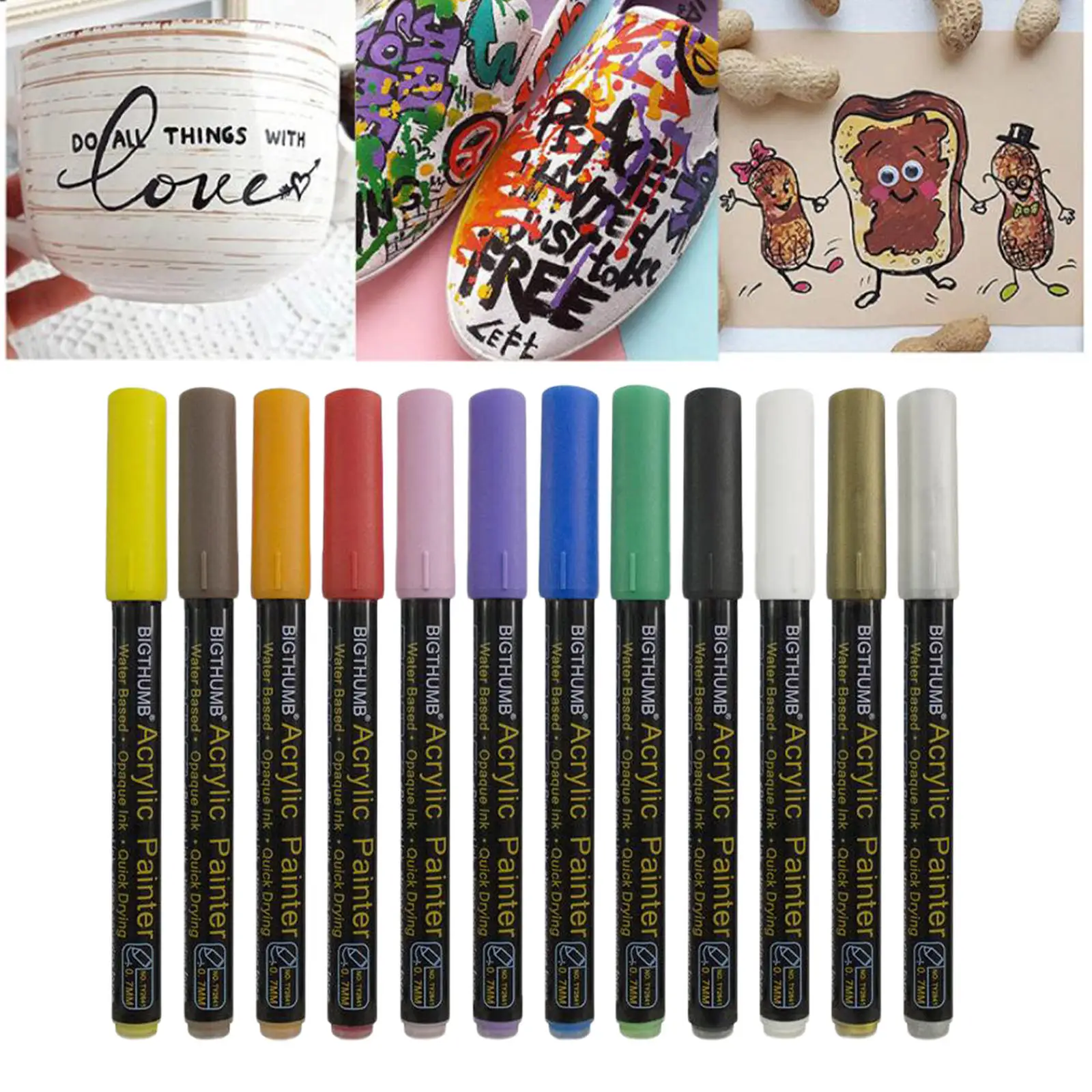 12 Colors Acrylic Paint Marker Pens Permanent 0.7mm DIY Craft Set Water based Quick Dry for Ceramic Canvas Easter Egg Mug Paper