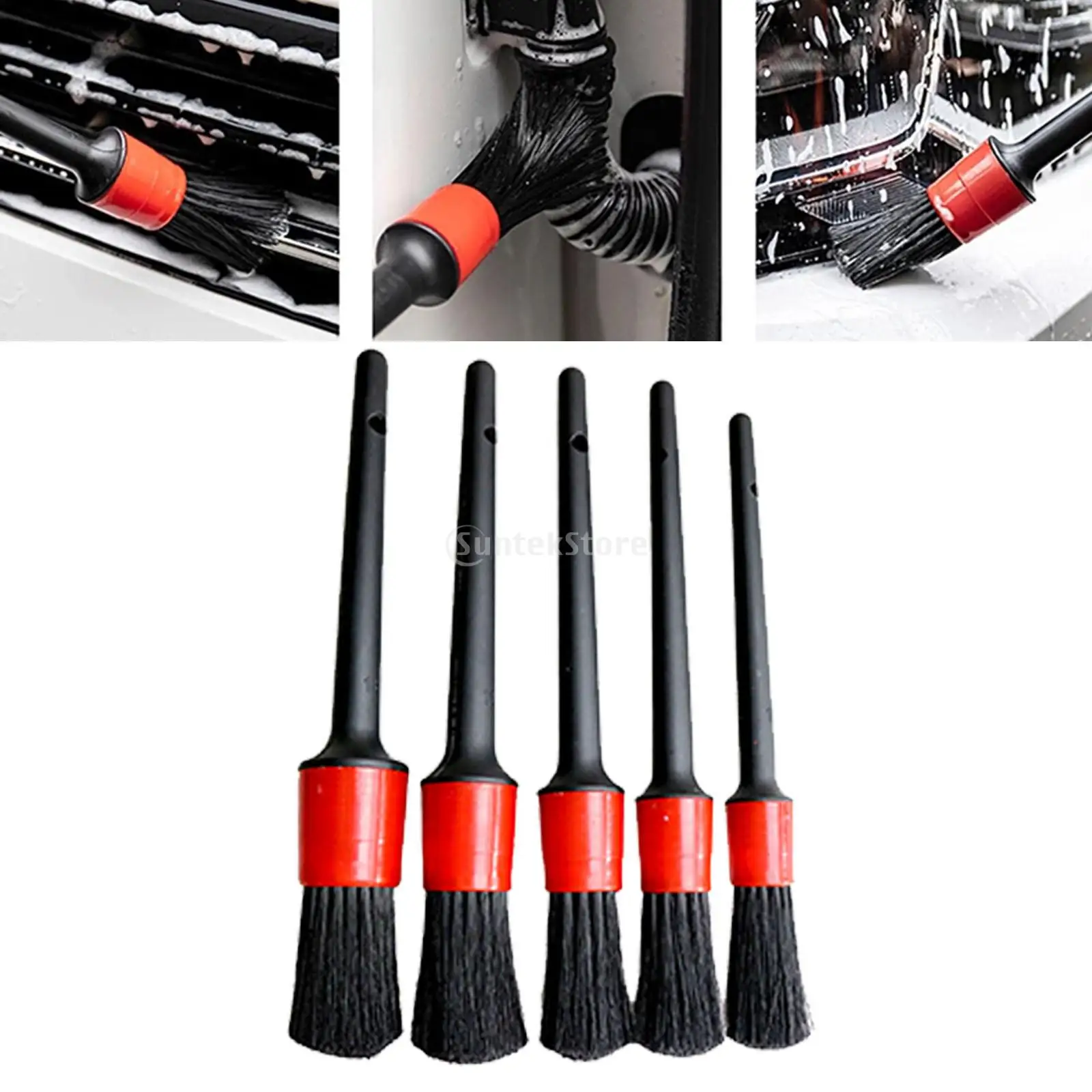 Detailing Brush Set 5 Different Brush Sizes Microfiber Towel Plastic Handle Premium Natural Boar Hair No Shed Bristles