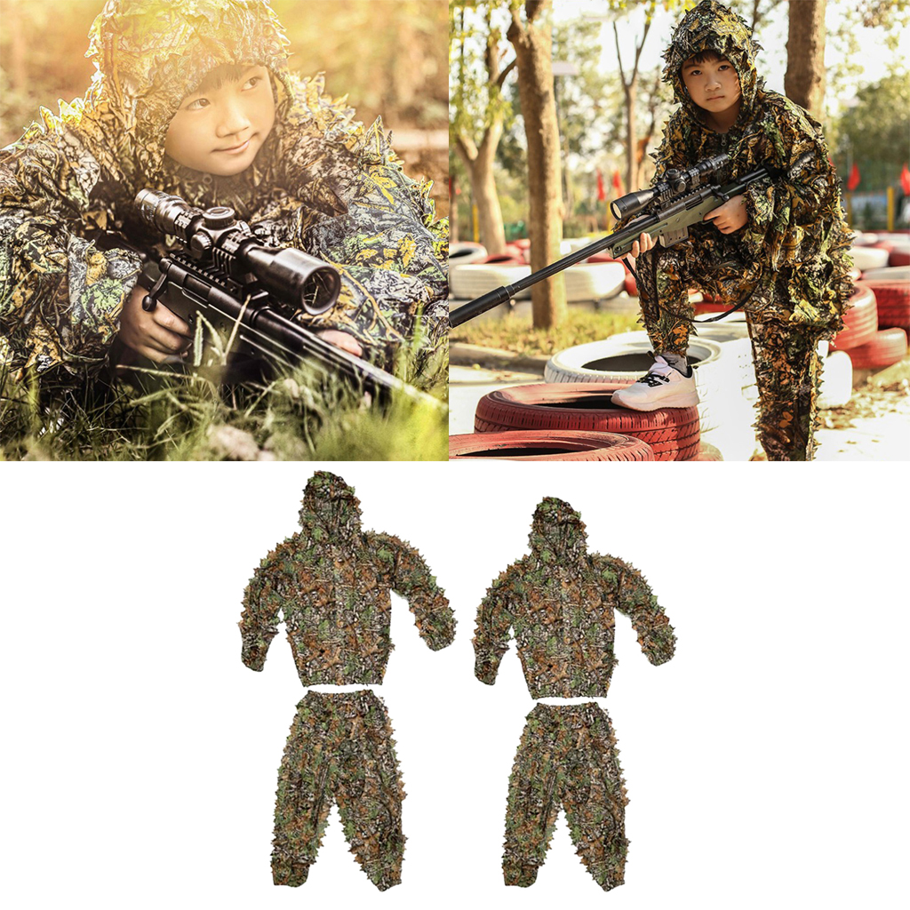 3D Camo Hooded Stretchy Ghillie Suits Clothes Jacket Pants Zipper Design for Hunting Shooting