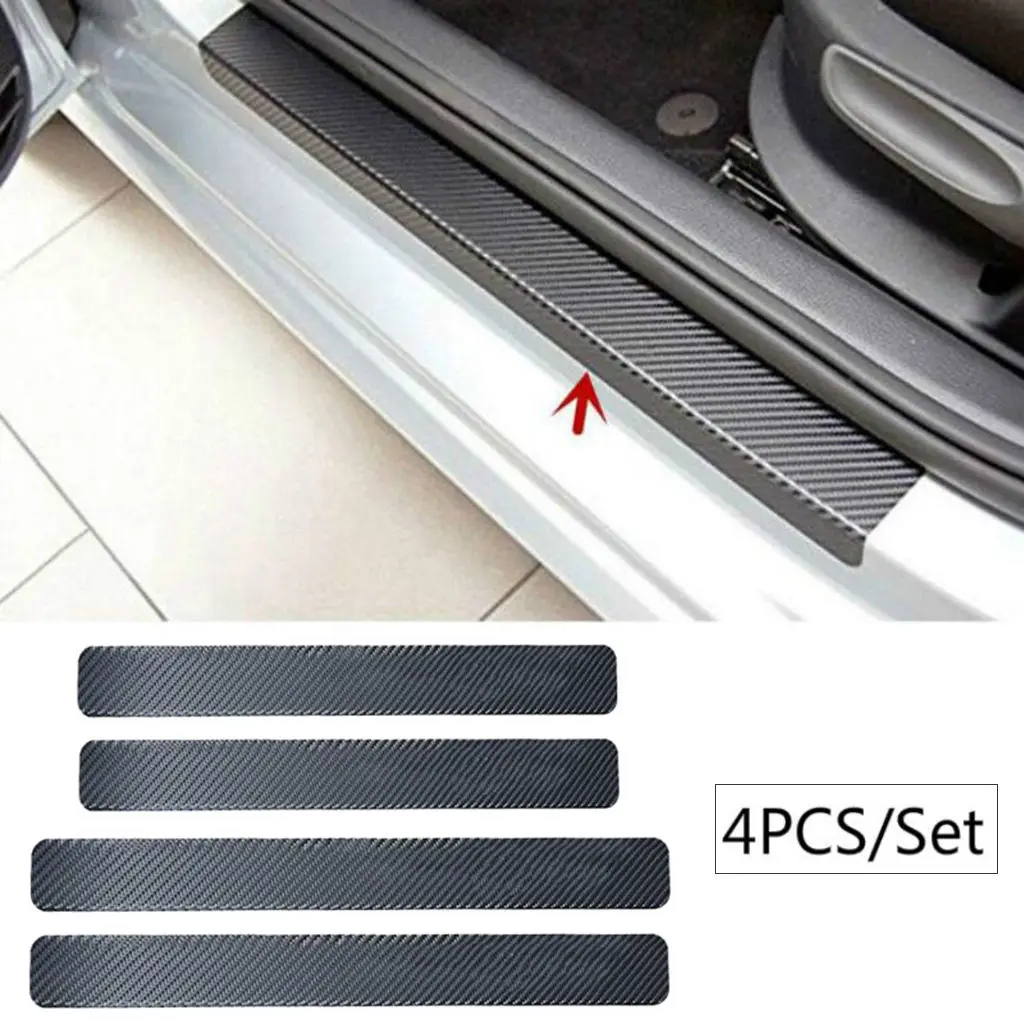 4pcs/set 3D Carbon Fiber Car Door Plate Sill Scuff Cover Panel Sticker Black