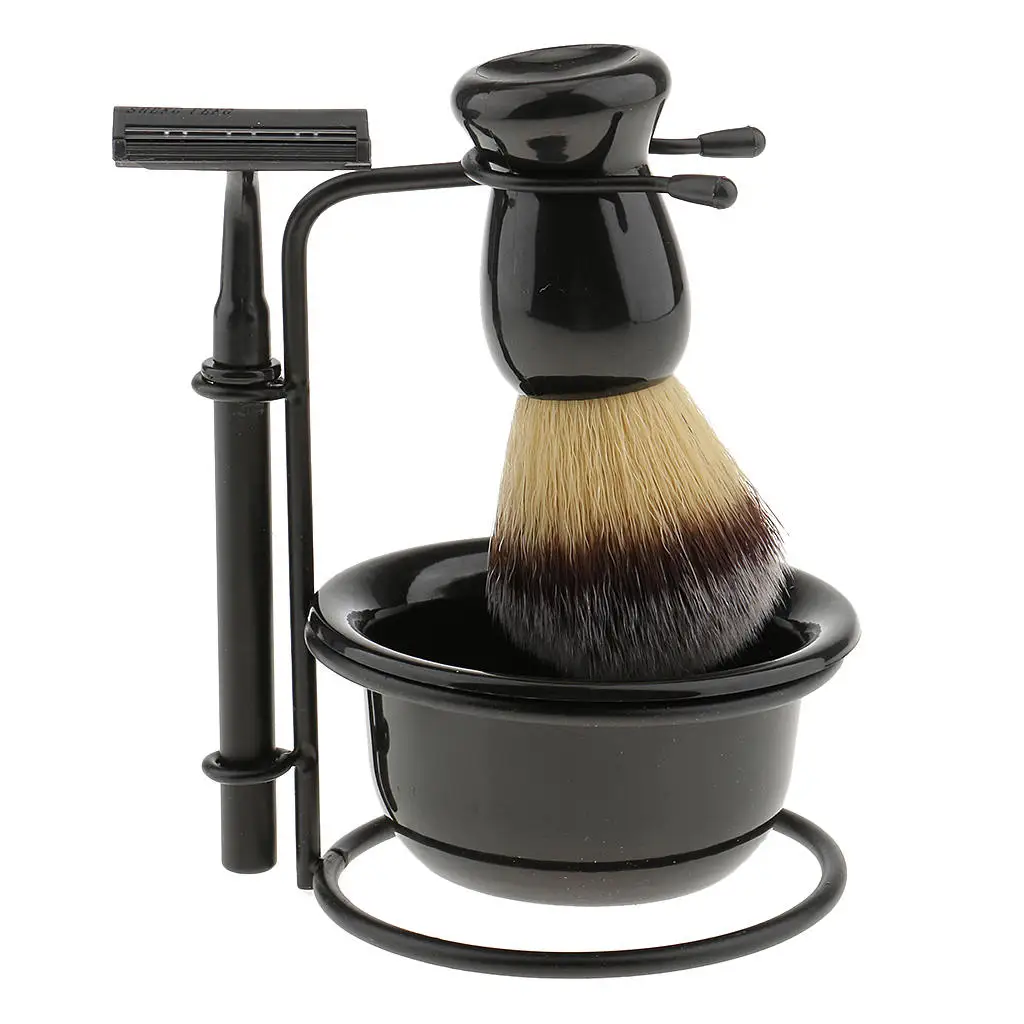 4 Pcs Shaving Kit Shave  Bristle Brush Stand Soap Bowl Mug Set Beard
