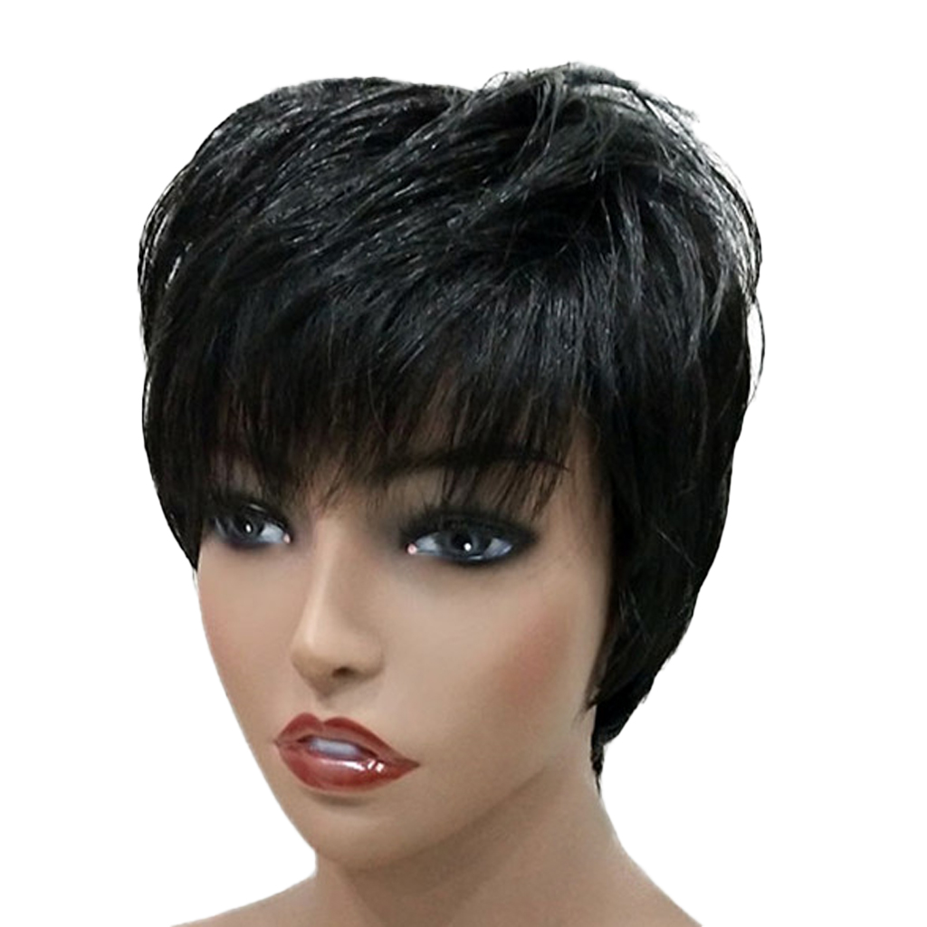 Women Human Hair Wig, Black Short Hairpieces Wavy Layered Hairstyle, 25cm/10