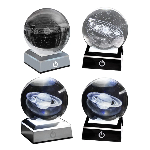 Bola de cristal 3D com modelo de sistema solar e base de lâmpada LED, mini  esfera de vidro para Galaxy de 80 mm, melhor presente para crianças