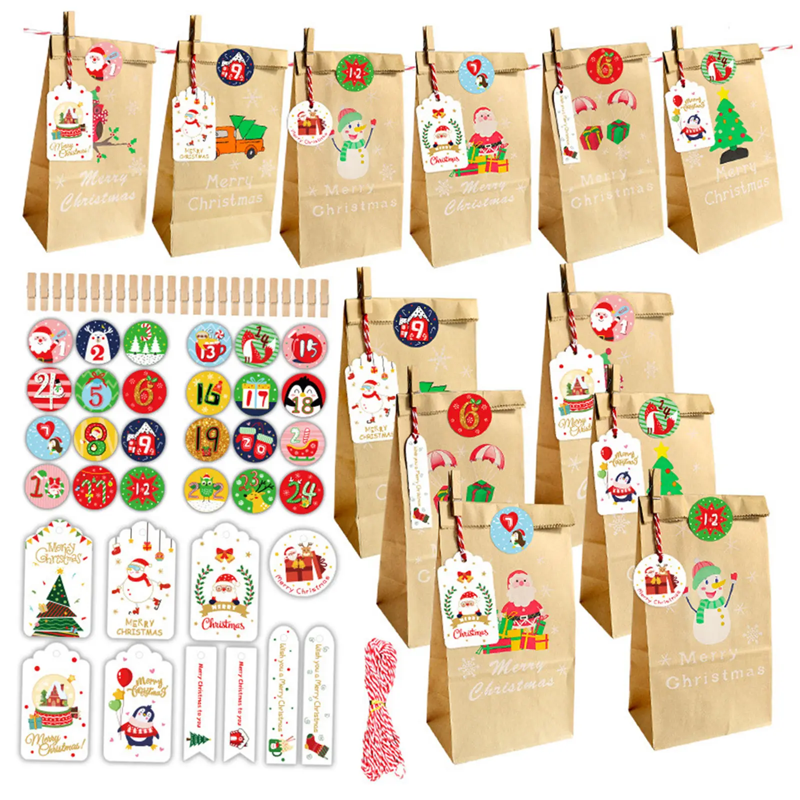 Christmas Gift Bag with Advent Calendar Packing Pouch with Xmas Stickers Santa Wrapping for Candy Cookie Festival Children Kids