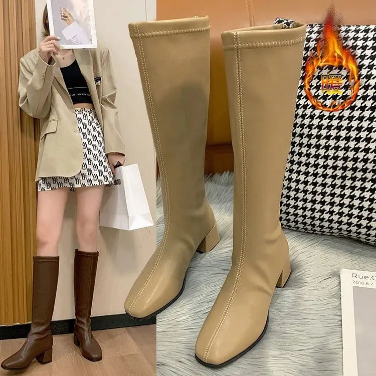 2021 Fashion Women Black Block High Heels Long Boots New Winter Warm Knee High Boots Soft Leather Thigh High Boots Shoes