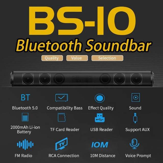 取り付けられたTVサウンドバーBS-10,Bluetooth 5.0,ワイヤレス