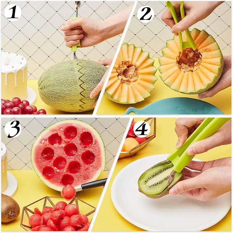 4 In 1 Melon Baller Scoop Stainless Steel Watermelon Cutter Fruit Carving Tool  Set for Fruit Slicer Dig Pulp Separator|Party Favors| - AliExpress