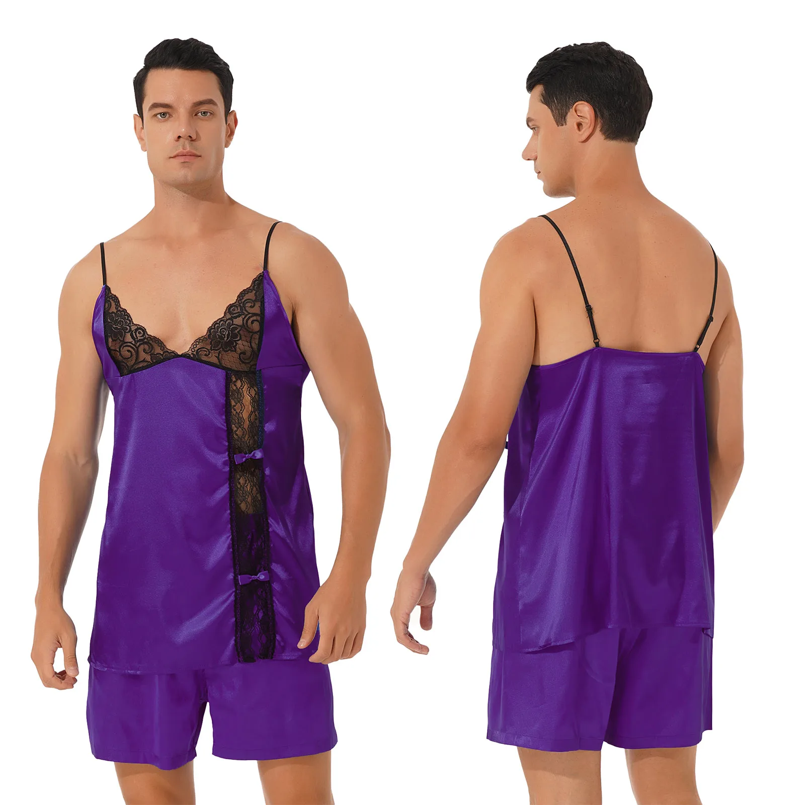 mens pajama bottoms Men Satin Pajama Set Sissy Sleepwear Adjustable Spaghetti Shoulder Strap V Neck Lace Trim Vest with Button Shorts Set Homewear mens pyjama tops
