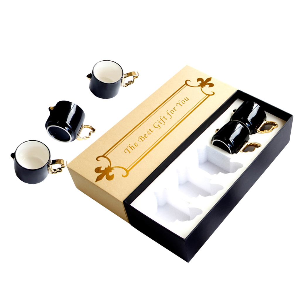 Porcelain Mugs - 100ML/ 3.4 Ounce for Coffee, Hot Tea, Cocoa, Set of 5 Pieces, Black Color, Birds Wing Handle