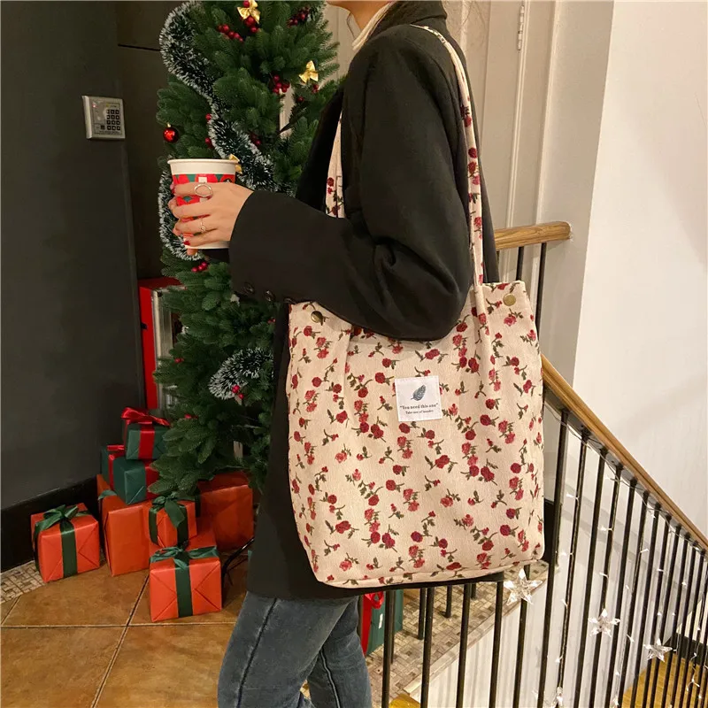 Retro Corduroy Women's Shoulder Bag Large Capacity Student Girls Casual Tote Book Handbags Flower Leopard Female Shopping Bags