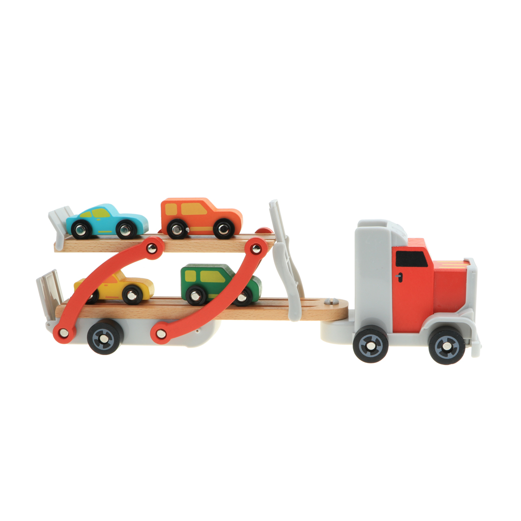 Wooden Double-Deck Car Carrier Transporter with 4 Mini Vehicles for Kids Imaginative Play , 15 x 2.75 x 4.33 inch