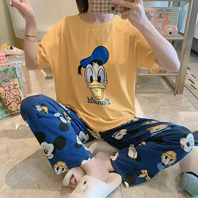 Calças de Manga Serviço de Casa Original Disney Minnie Mickey Pato Donald Daisy Curta Pijamas Feminino Solto Terno 15 High Quality Mamãe e Bebê