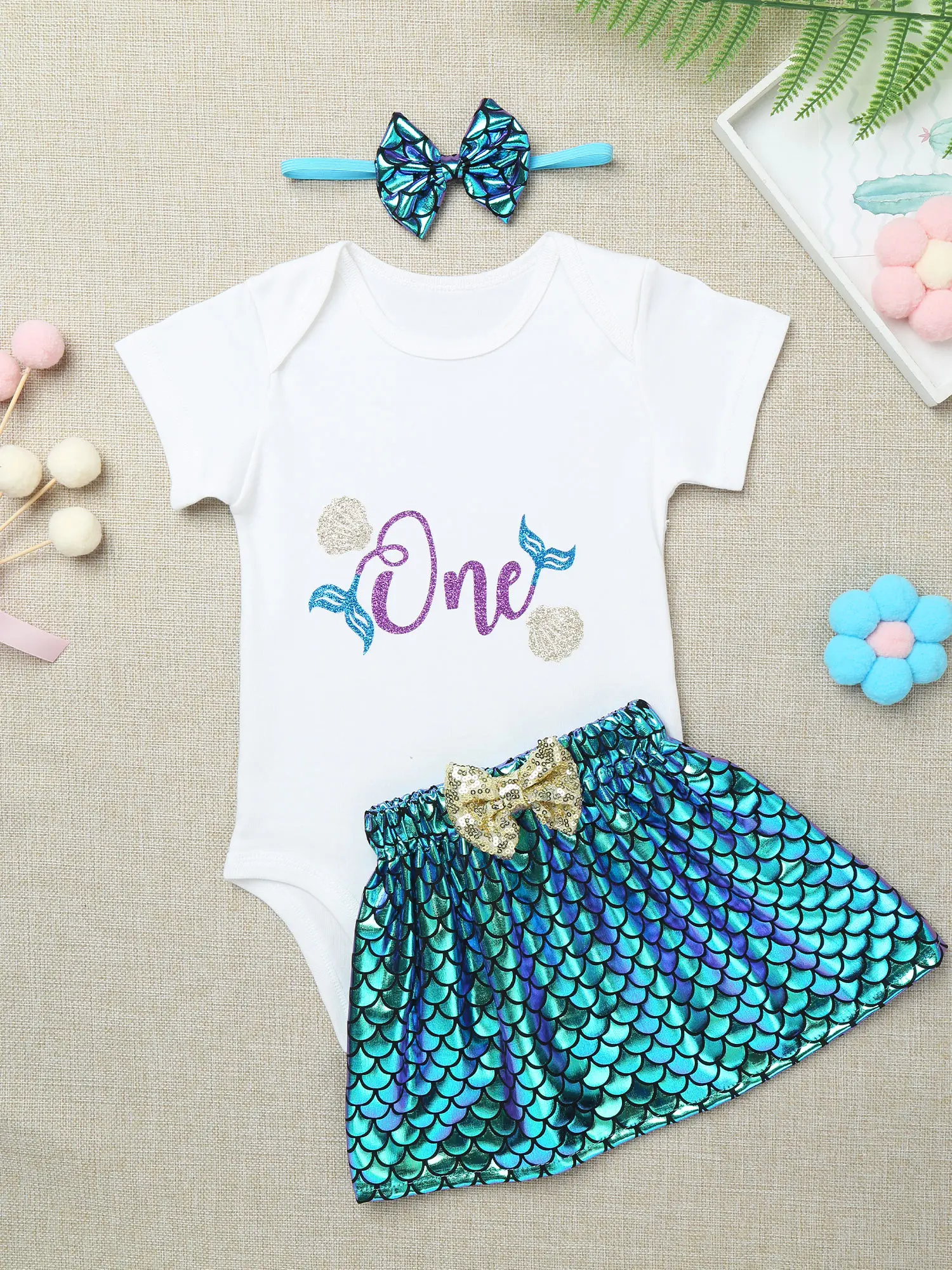 baby dress and set Baby Girl Princess Clothes Set Mermaid 1st Birthday Party Outfit Shell Romper Sequins Fish Scales Dress Bowknot Headband Costume baby's complete set of clothing