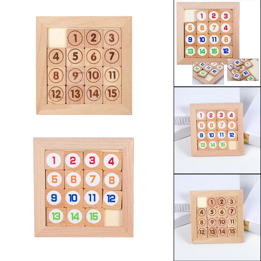 15 Sliding Tiles Puzzel Toy Math IQ Klotski Wooden for Adults Children