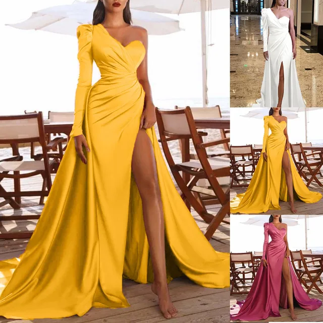 Off the Shoulder Matte Satin Garden High Slit Evening Dress with Pocket  Vestidos Largos De Fiesta Elegante Para Boda - AliExpress