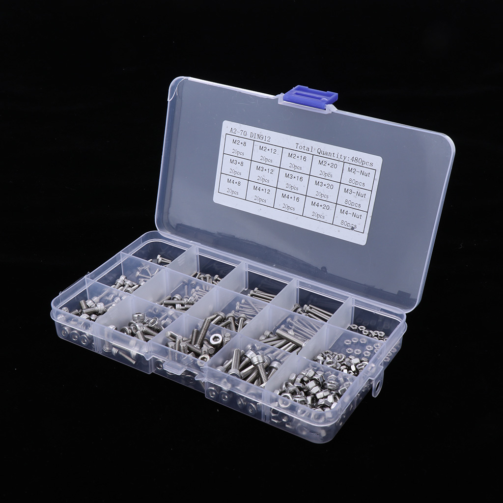 Prettyia 480pcs Tiny Screws & Nuts Hex Socket Head Bolts Kit Stainless Steel